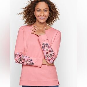 Talbots Floral Embroidered Sleeve Crewneck Sweatshirt Medium Pink 100% Cotton